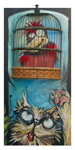 bird in cage with cat
