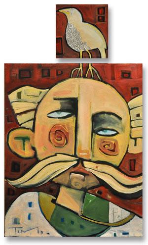 mustached man with bird perched on head