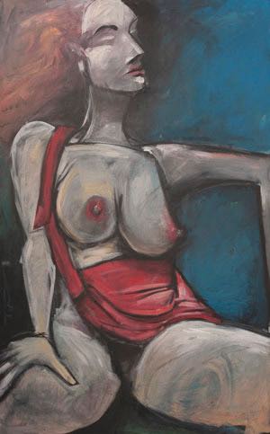 nude with red purse
