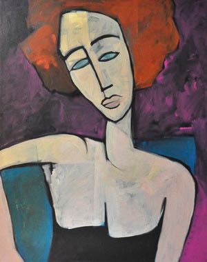 redhead in blue chair